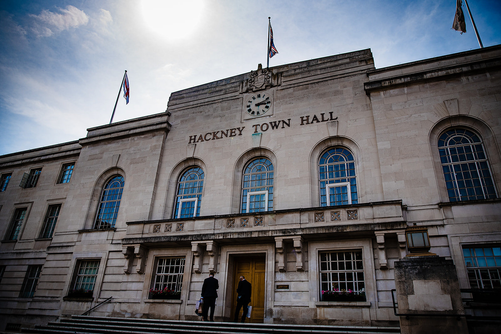 The outside of Hackney Town Hall on a sunny day
